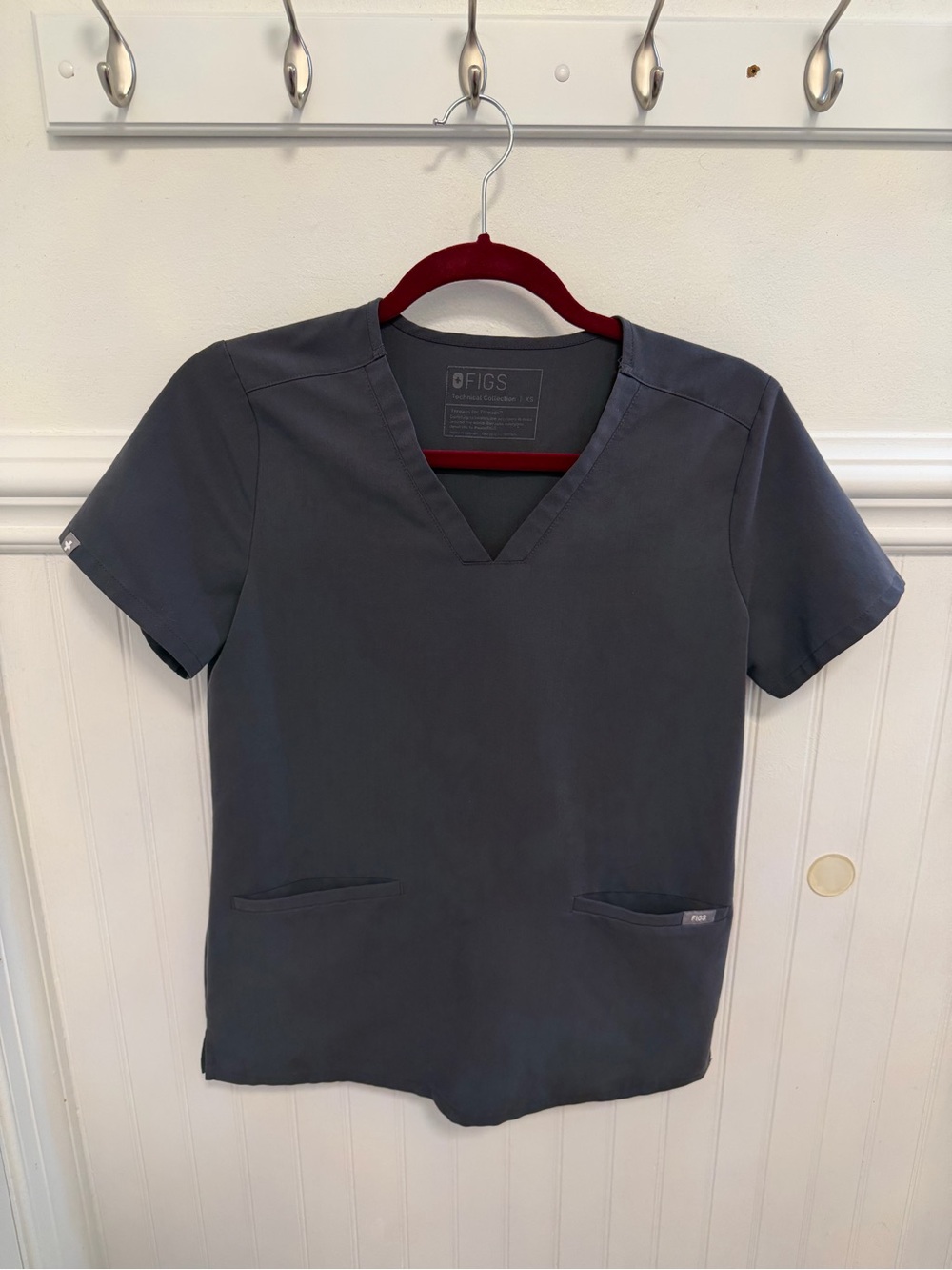 FIGS V-Neck Scrub Top in Dark Gray with Red Accent